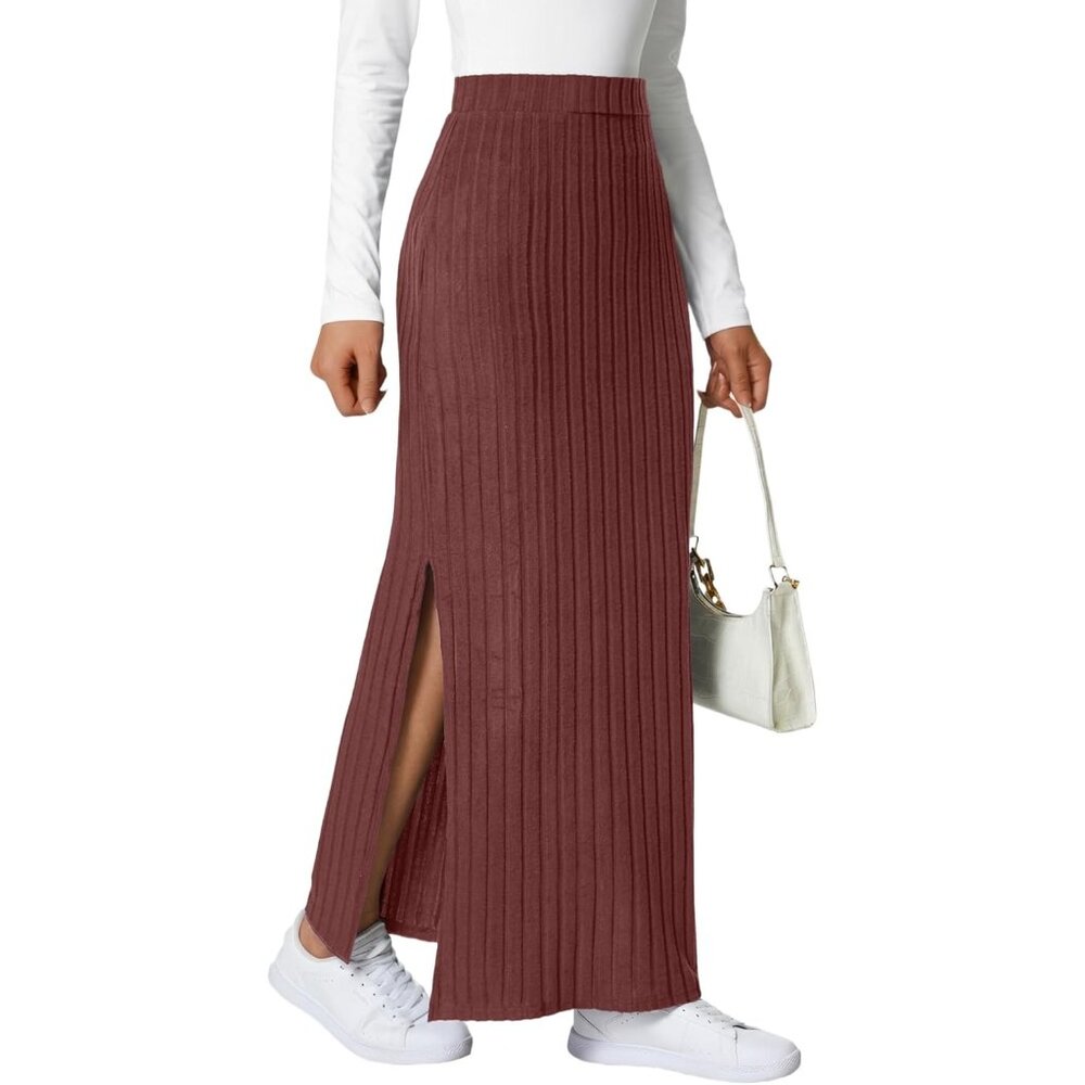 Women's Brown Ribbed Knit Pencil Side Slit High Waisted Bodycon Long Midi Skirt - Picture 3 of 5